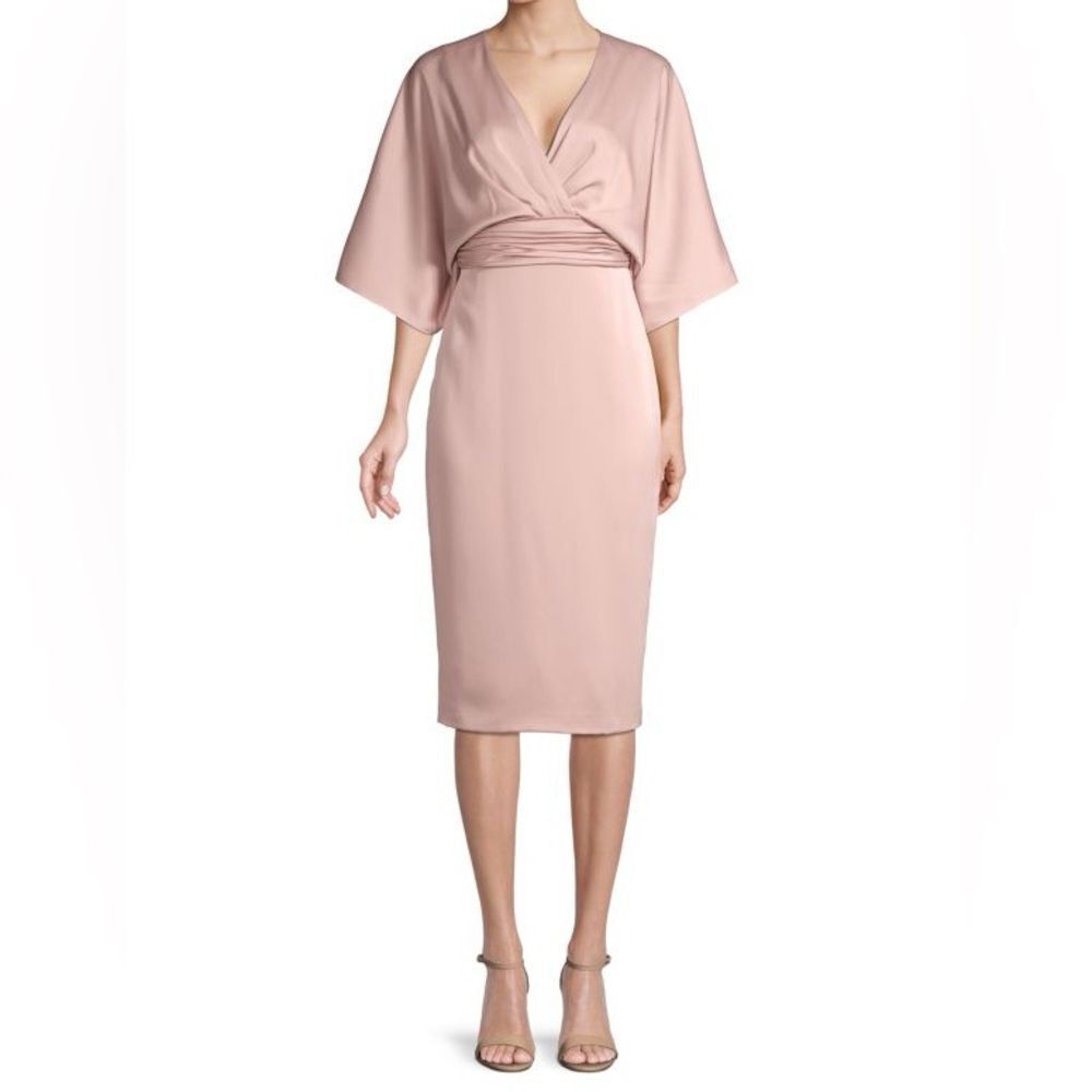 NEW Theia Kimono Inspired Pleated Satin V-Neck Sheath Midi Dress Pearl Pink 2